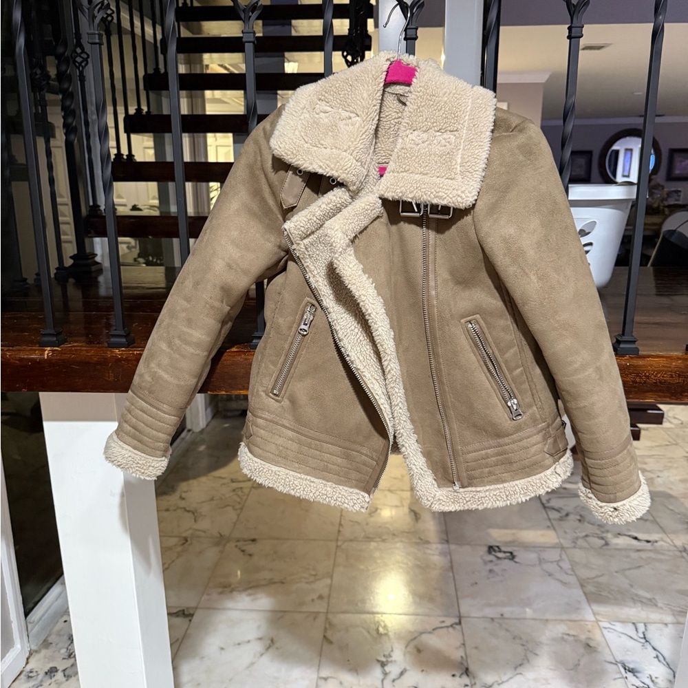 Zara Faux-Suede Shearling Jacket - Taupe